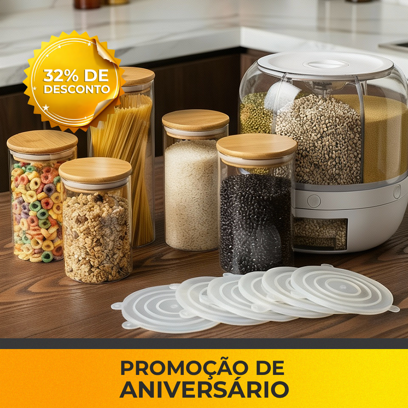 [Kit Cozinha] Dispenser Giratório + 5 Potes Herméticos + Tampa Elástica 6 Tamanhos